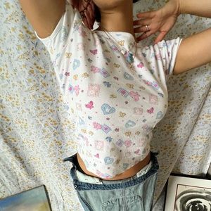 cropped baby tee w/ patchwork & butterflies